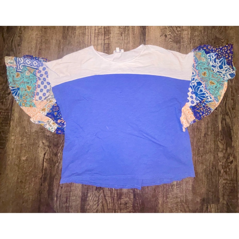 Umgee USA Blue White Colorblock Top Patchwork Flutter Sleeve Boho Small